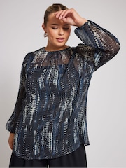 Yours Curve Blue London Metallic Bellow Sleeve Leopard Print Blouse - Image 1 of 5
