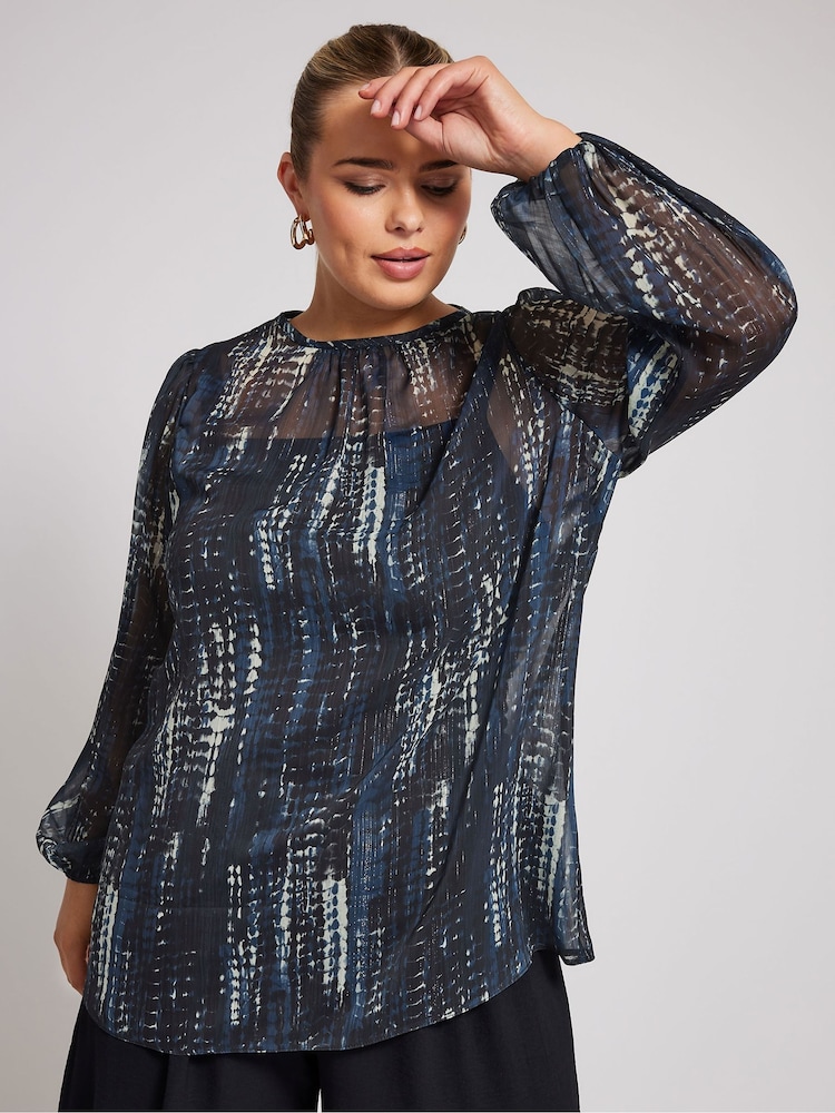 Yours Curve Blue London Metallic Bellow Sleeve Leopard Print Blouse - Image 1 of 5