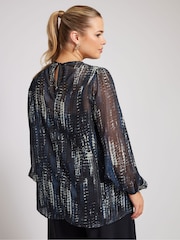 Yours Curve Blue London Metallic Bellow Sleeve Leopard Print Blouse - Image 3 of 5