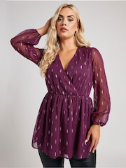 Yours Curve Purple London Metallic Dobby Wrap Top - Image 1 of 5