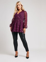 Yours Curve Purple London Metallic Dobby Wrap Top - Image 2 of 5