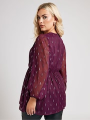 Yours Curve Purple London Metallic Dobby Wrap Top - Image 3 of 5