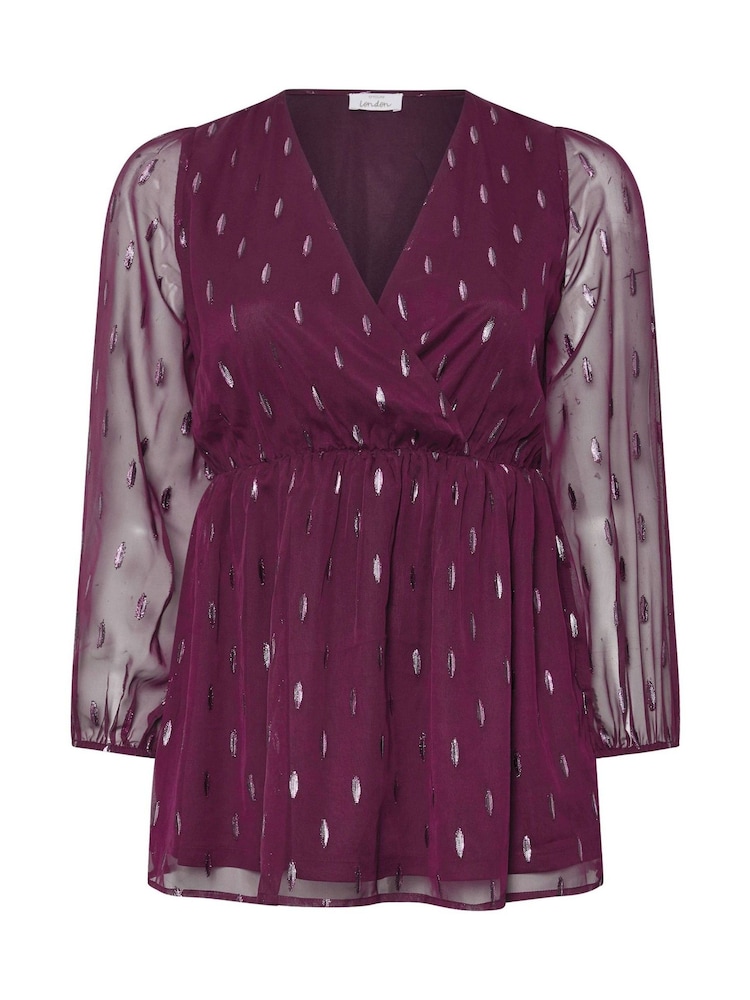 Yours Curve Purple London Metallic Dobby Wrap Top - Image 5 of 5