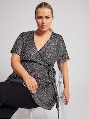 Yours Curve Black London Sequin Rainbow Wrap Top - Image 1 of 5
