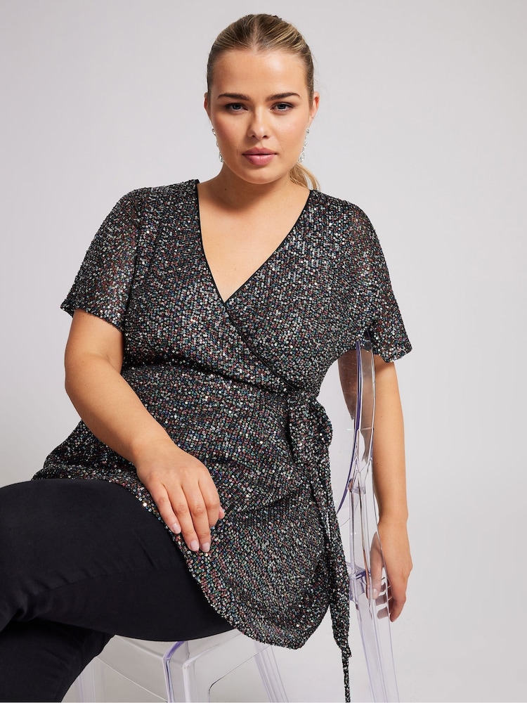 Yours Curve Black London Sequin Rainbow Wrap Top - Image 1 of 5