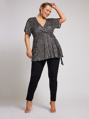 Yours Curve Black London Sequin Rainbow Wrap Top - Image 2 of 5