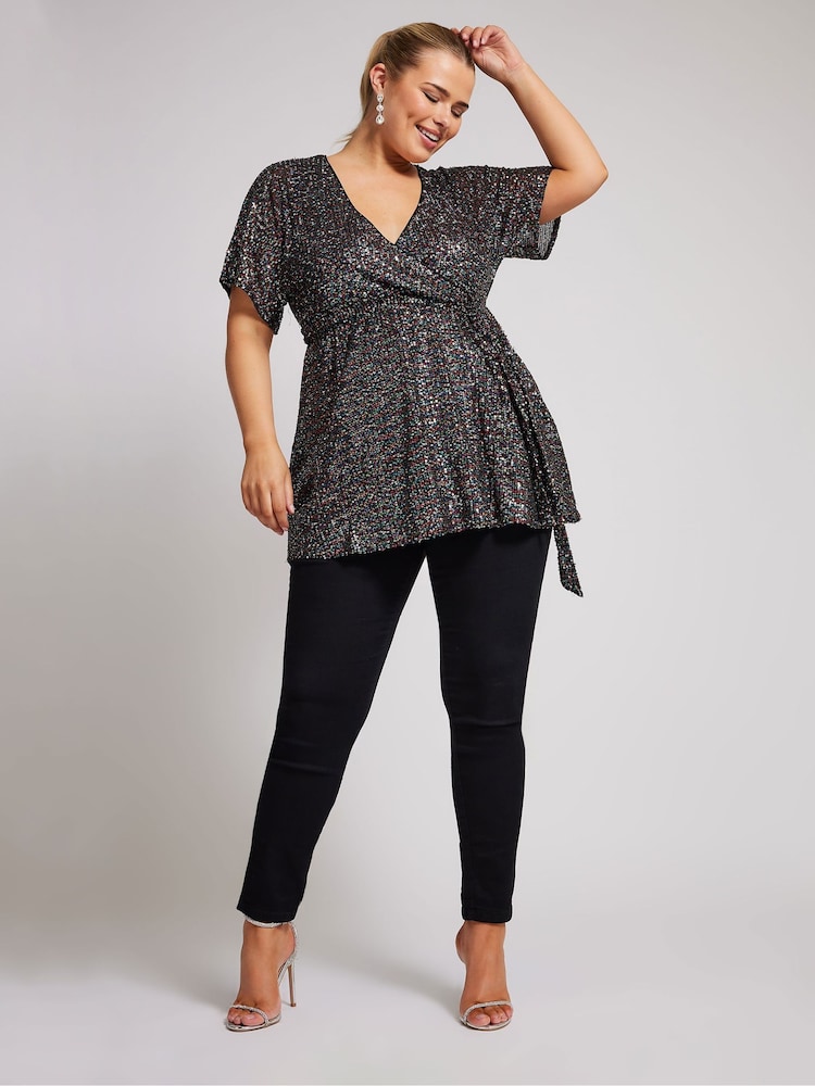 Yours Curve Black London Sequin Rainbow Wrap Top - Image 2 of 5