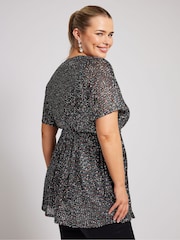 Yours Curve Black London Sequin Rainbow Wrap Top - Image 3 of 5