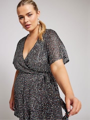 Yours Curve Black London Sequin Rainbow Wrap Top - Image 4 of 5