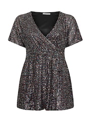 Yours Curve Black London Sequin Rainbow Wrap Top - Image 5 of 5