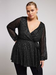 Yours Curve Black London Sequin Long Sleeve Wrap Top - Image 1 of 5
