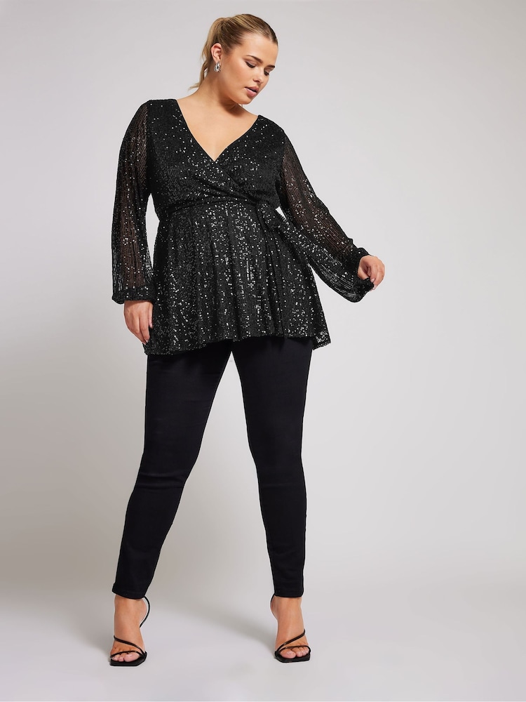 Yours Curve Black London Sequin Long Sleeve Wrap Top - Image 2 of 5