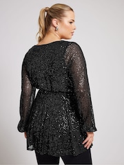 Yours Curve Black London Sequin Long Sleeve Wrap Top - Image 3 of 5