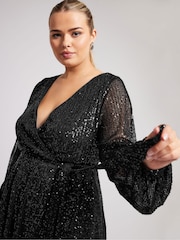 Yours Curve Black London Sequin Long Sleeve Wrap Top - Image 4 of 5