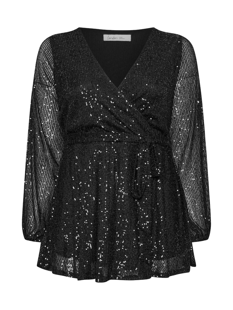 Yours Curve Black London Sequin Long Sleeve Wrap Top - Image 5 of 5