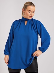 Yours Curve Blue London Long Sleeve Keyhole Blouse - Image 2 of 6