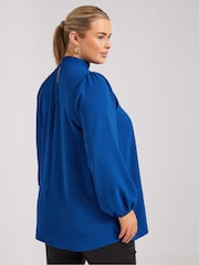 Yours Curve Blue London Long Sleeve Keyhole Blouse - Image 4 of 6