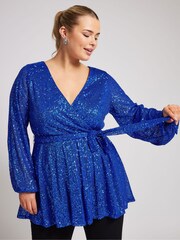 Yours Curve Blue London Sequin Long Sleeve Wrap Top - Image 1 of 6