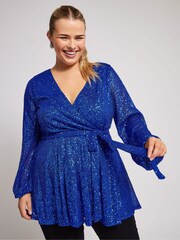 Yours Curve Blue London Sequin Long Sleeve Wrap Top - Image 2 of 6