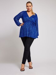 Yours Curve Blue London Sequin Long Sleeve Wrap Top - Image 3 of 6