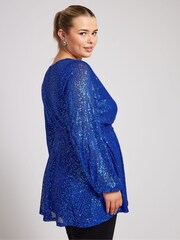 Yours Curve Blue London Sequin Long Sleeve Wrap Top - Image 4 of 6