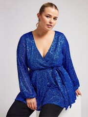 Yours Curve Blue London Sequin Long Sleeve Wrap Top - Image 5 of 6