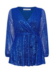 Yours Curve Blue London Sequin Long Sleeve Wrap Top - Image 6 of 6