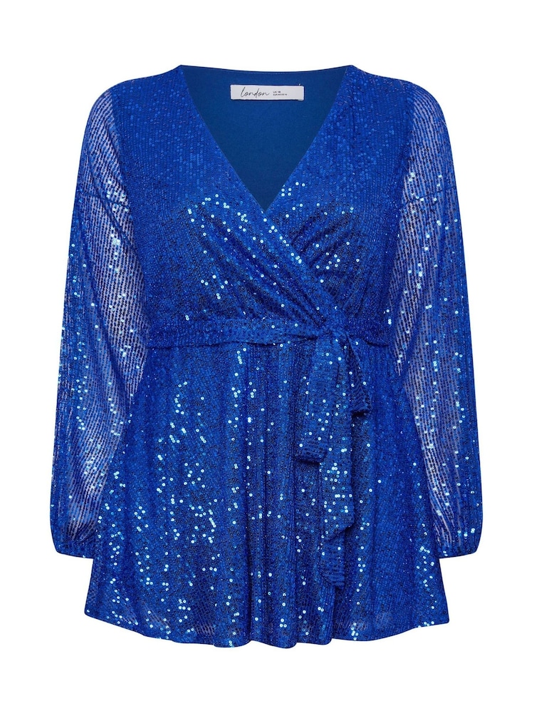 Yours Curve Blue London Sequin Long Sleeve Wrap Top - Image 6 of 6