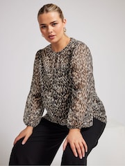 Yours Curve Brown London Metallic Bellow Sleeve Leopard Print Blouse - Image 1 of 6