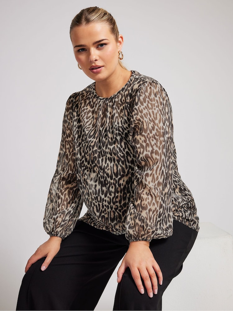 Yours Curve Brown London Metallic Bellow Sleeve Leopard Print Blouse - Image 1 of 6