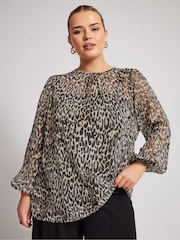 Yours Curve Brown London Metallic Bellow Sleeve Leopard Print Blouse - Image 5 of 6