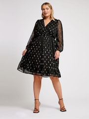 Yours Curve Black London Metallic Dobby Wrap Top - Image 1 of 5