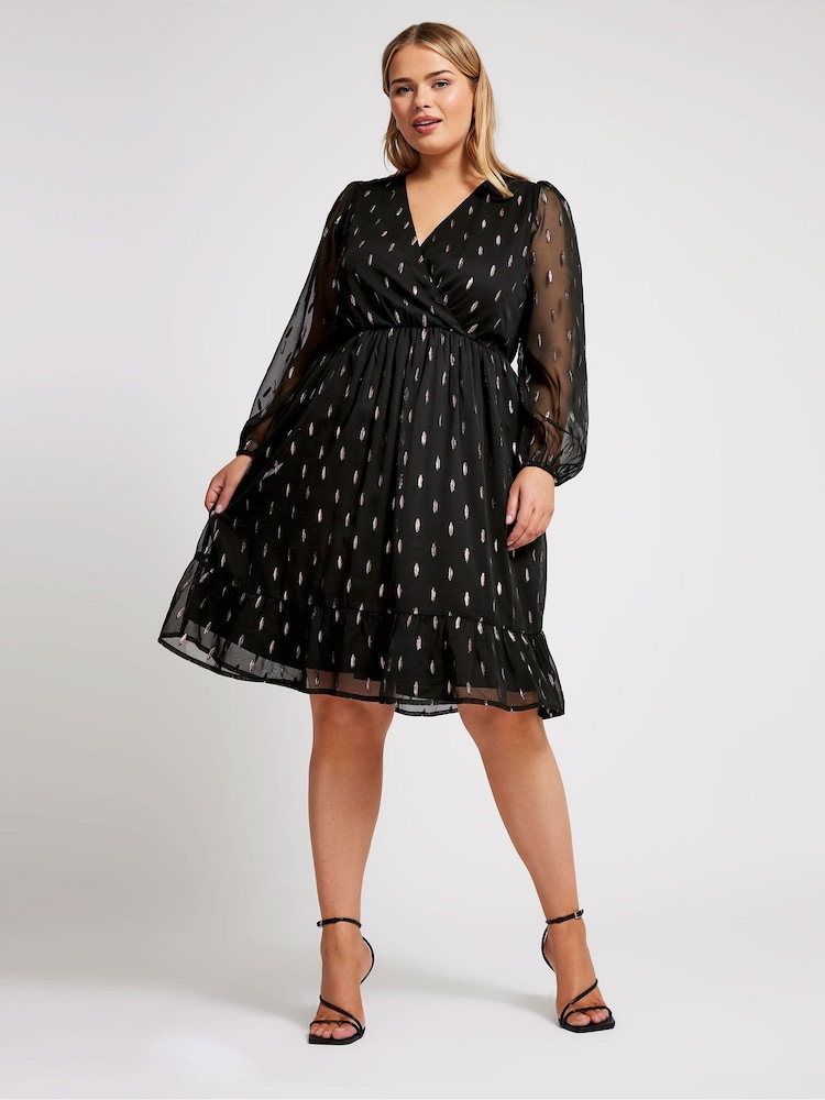 Yours Curve Black London Metallic Dobby Wrap Top - Image 1 of 5