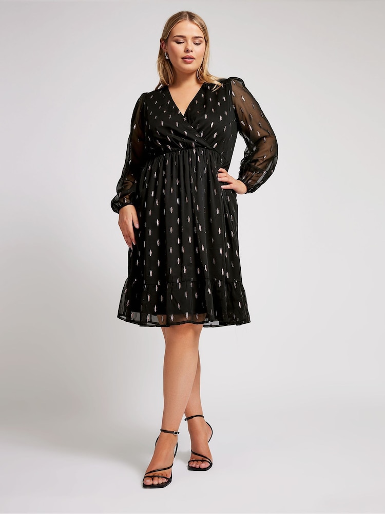 Yours Curve Black London Metallic Dobby Wrap Top - Image 2 of 5