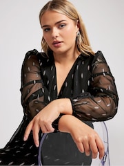 Yours Curve Black London Metallic Dobby Wrap Top - Image 4 of 5