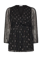 Yours Curve Black London Metallic Dobby Wrap Top - Image 5 of 5