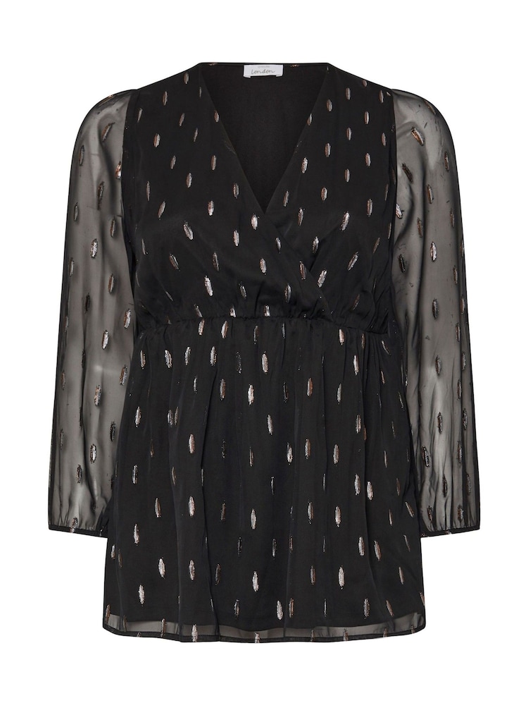Yours Curve Black London Metallic Dobby Wrap Top - Image 5 of 5