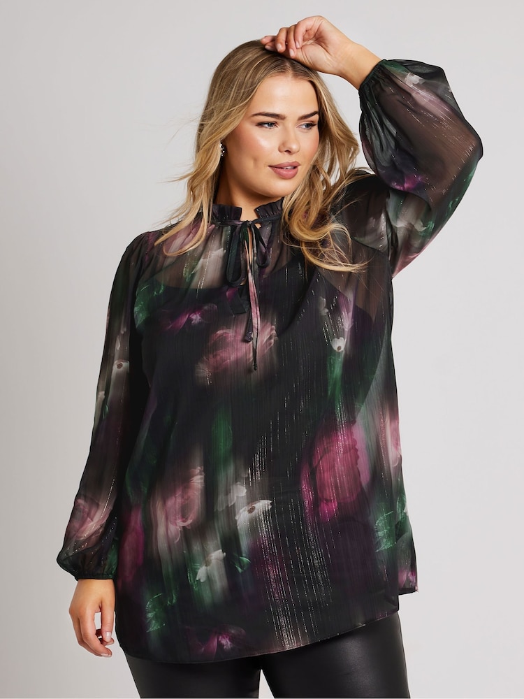 Yours Curve Black London Floral Ruffle Collar Blouse - Image 1 of 5