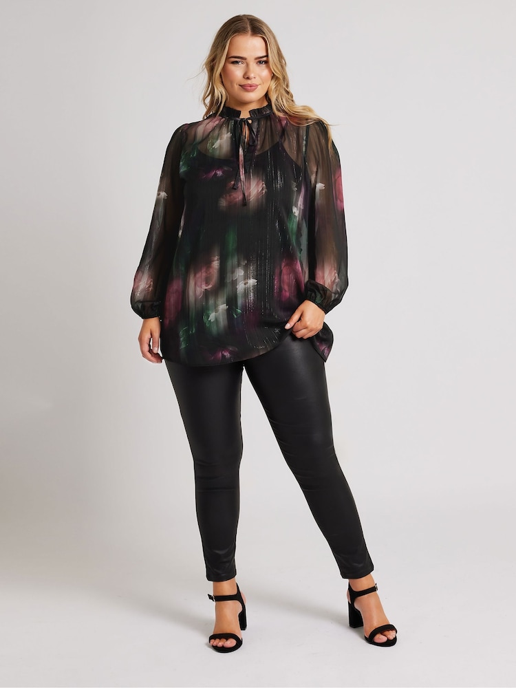 Yours Curve Black London Floral Ruffle Collar Blouse - Image 2 of 5