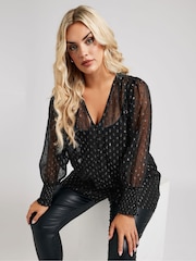 Yours Curve Black London Metallic Dobby Shirred Cuff Blouse - Image 1 of 6