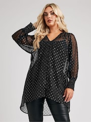 Yours Curve Black London Metallic Dobby Shirred Cuff Blouse - Image 2 of 6