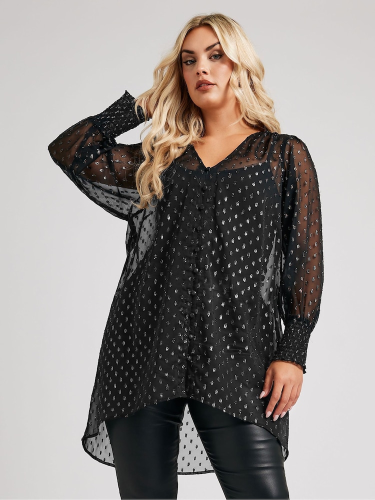 Yours Curve Black London Metallic Dobby Shirred Cuff Blouse - Image 2 of 6