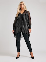 Yours Curve Black London Metallic Dobby Shirred Cuff Blouse - Image 3 of 6
