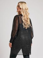 Yours Curve Black London Metallic Dobby Shirred Cuff Blouse - Image 4 of 6