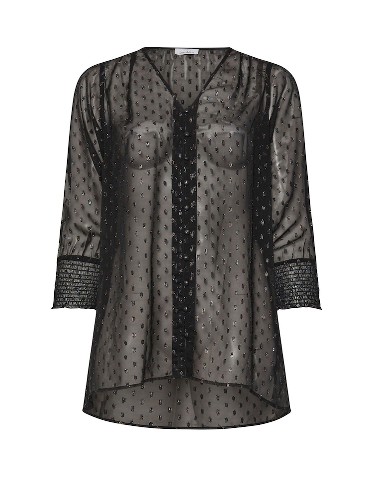Yours Curve Black London Metallic Dobby Shirred Cuff Blouse - Image 6 of 6