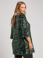 Yours Curve Green London Sequin Flute Sleeve Top - Image 3 of 5