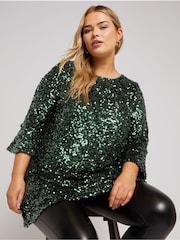 Yours Curve Green London Sequin Flute Sleeve Top - Image 4 of 5