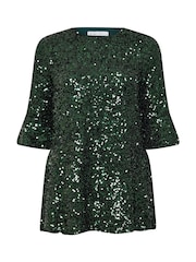 Yours Curve Green London Sequin Flute Sleeve Top - Image 5 of 5