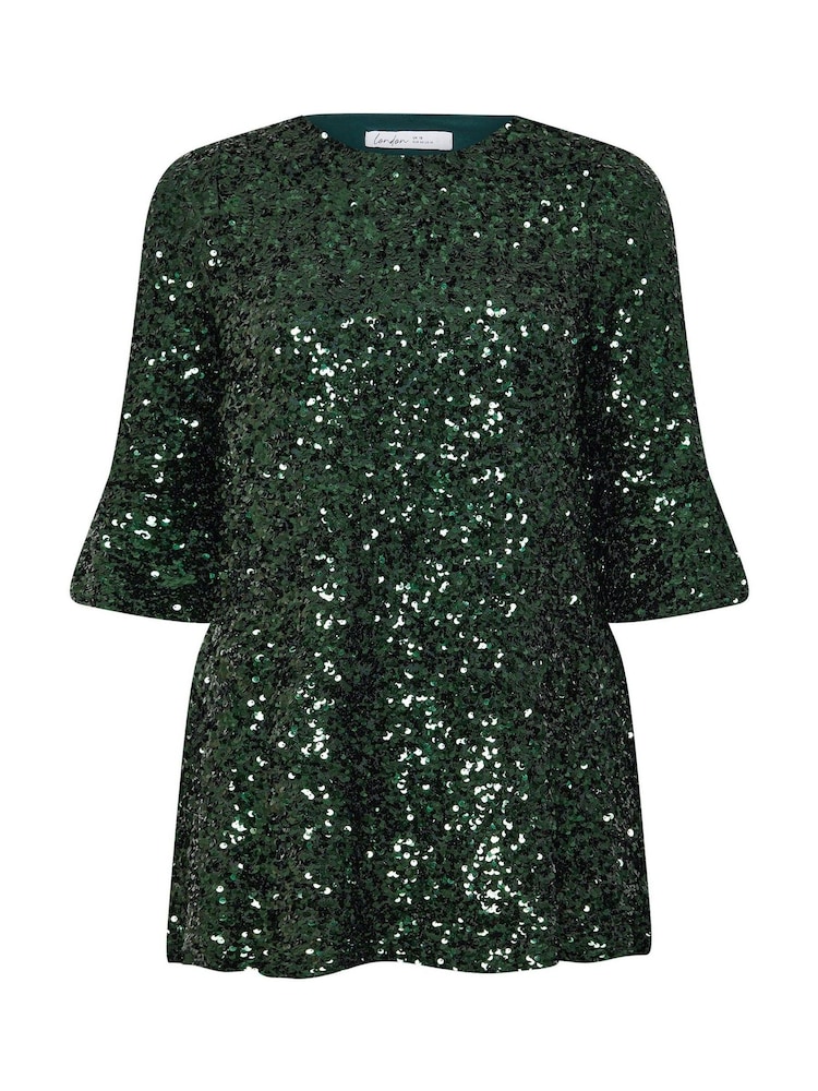 Yours Curve Green London Sequin Flute Sleeve Top - Image 5 of 5