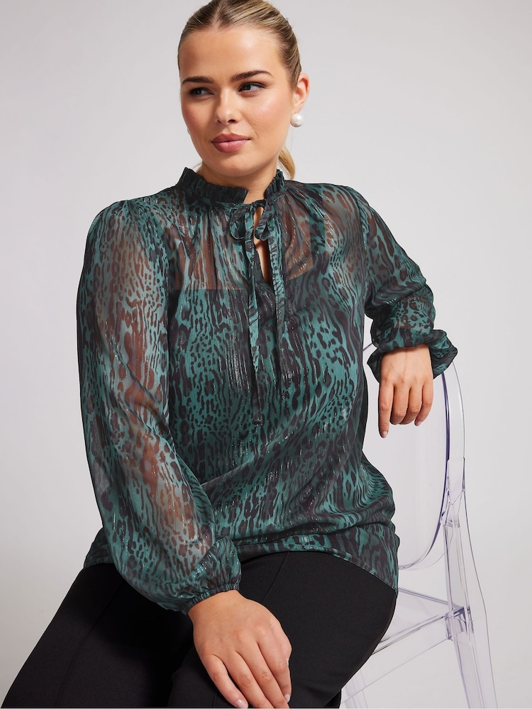 أخضر - Yours Curve London Floral Ruffle Collar Blouse - صورة 1 من 5